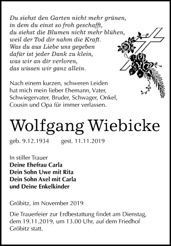 Traueranzeige von Wolfgang Wiebicke von Mitteldeutsche Zeitung Weißenfels