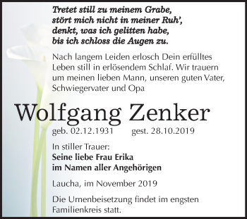 Traueranzeige von Wolfgang Zenker von Mitteldeutsche Zeitung Naumburg/Nebra