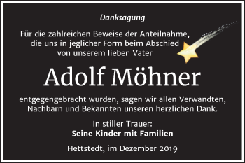 Traueranzeige von Adolf Möhner von Mitteldeutsche Zeitung Mansfelder Land