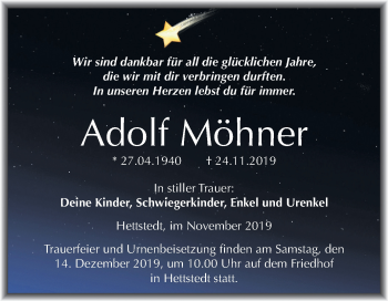 Traueranzeige von Adolf Möhner von Wochenspiegel Mansfelder Land