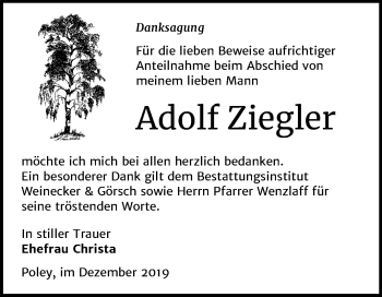 Traueranzeige von Adolf Ziegler von Mitteldeutsche Zeitung Bernburg