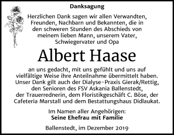 Traueranzeige von Albert Haase von Super Sonntag Quedlinburg