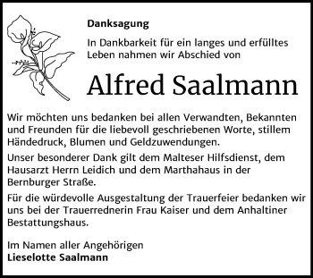 Traueranzeige von Alfred Saalmann von Mitteldeutsche Zeitung Dessau-Roßlau