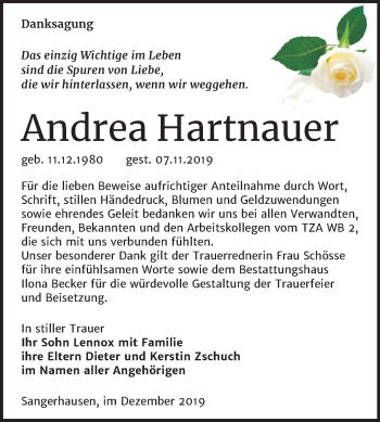 Traueranzeige von Andrea Hartnauer von Mitteldeutsche Zeitung Sangerhausen