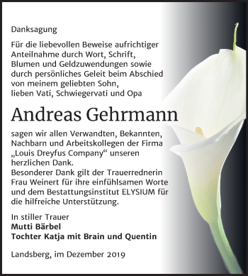 Traueranzeige von Andreas Gehrmann von Mitteldeutsche Zeitung Halle/Saalkreis