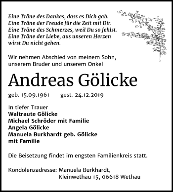 Traueranzeige von Andreas Gölicke von Mitteldeutsche Zeitung Naumburg/Nebra