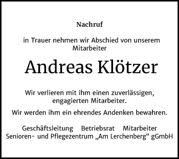 Traueranzeige von Andreas Klötzer von Super Sonntag Wittenberg