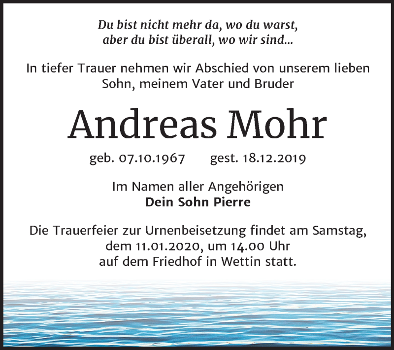  Traueranzeige für Andreas Mohr vom 21.12.2019 aus Mitteldeutsche Zeitung Halle/Saalkreis