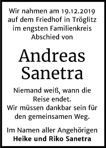 Traueranzeige von Andreas Sanetra von Super Sonntag Zeitz