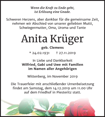 Traueranzeige von Anita Krüger von Super Sonntag Wittenberg