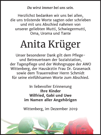 Traueranzeige von Anita Krüger von Super Sonntag Wittenberg
