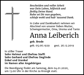 Traueranzeige von Anna Leiberich von Mitteldeutsche Zeitung Halle/Saalkreis