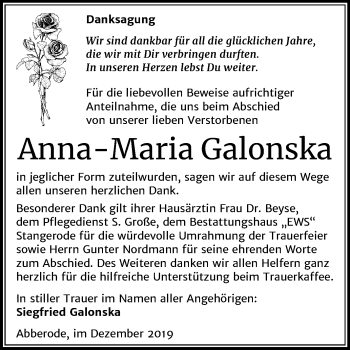 Traueranzeige von Anna-Maria Galonska von Super Sonntag Mansfelder Land