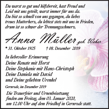 Traueranzeige von Anna Müller von Mitteldeutsche Zeitung Quedlinburg