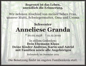 Traueranzeige von Anneliese Granda von Wochenspiegel Quedlinburg