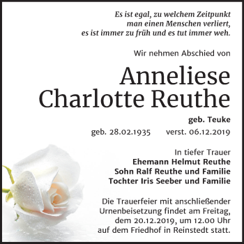 Traueranzeige von Anneliese Charlotte Reuthe von Super Sonntag Aschersleben