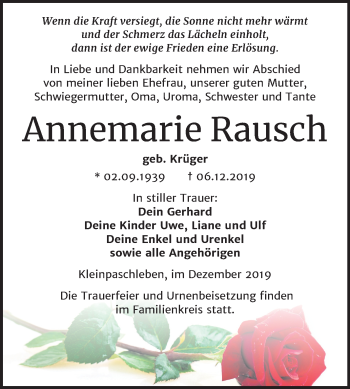 Traueranzeige von Annemarie Rausch von Super Sonntag Köthen