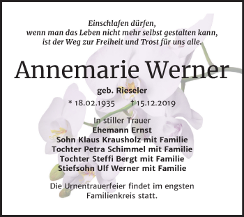 Traueranzeige von Annemarie Werner von Mitteldeutsche Zeitung Bernburg