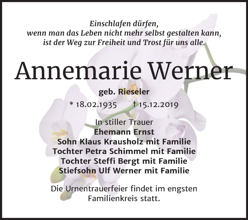  Traueranzeige für Annemarie Werner vom 21.12.2019 aus Super Sonntag Bernburg