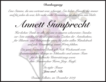 Traueranzeige von Annett Gumprecht von Super Sonntag Dessau-Roßlau