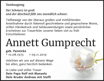 Traueranzeige von Annett Gumprecht von Mitteldeutsche Zeitung Dessau-Roßlau