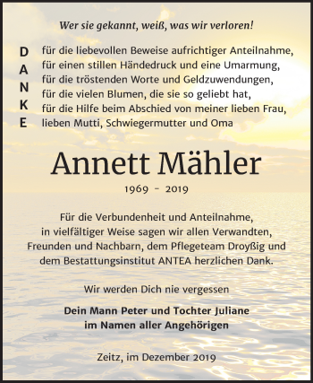 Traueranzeige von Annett Mähler von Mitteldeutsche Zeitung Zeitz