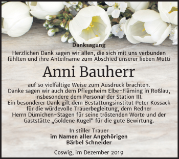 Traueranzeige von Anni Bauherr von Super Sonntag Wittenberg