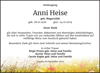 Traueranzeige von Anni Heise von Mitteldeutsche Zeitung Naumburg/Nebra