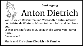 Traueranzeige von Anton Dietrich von Mitteldeutsche Zeitung Bitterfeld
