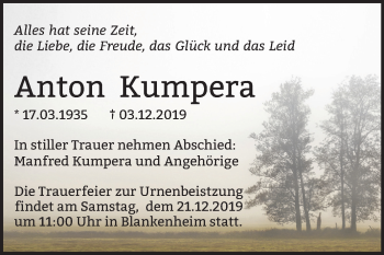Traueranzeige von Anton Kumpera von Mitteldeutsche Zeitung Sangerhausen
