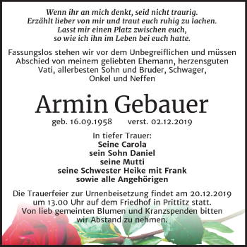 Traueranzeige von Armin Gebauer von Mitteldeutsche Zeitung Weißenfels