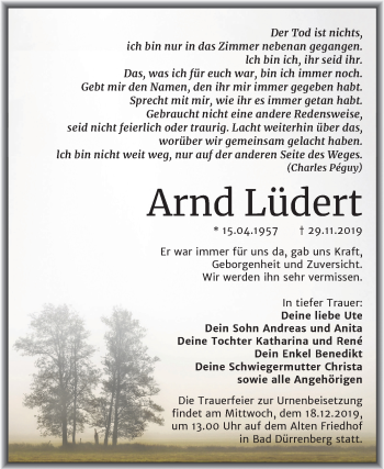 Traueranzeige von Arnd Lüdert von Mitteldeutsche Zeitung Merseburg/Querfurt