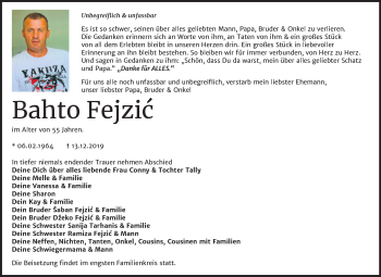 Traueranzeige von Bahto Fejzic von Super Sonntag Dessau-Roßlau