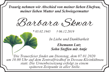 Traueranzeige von Barbara Skwar von Super Sonntag Dessau-Roßlau
