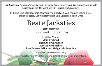Traueranzeige von Beate Jacksties von Super Sonntag Mansfelder Land