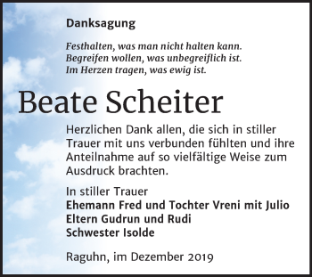 Traueranzeige von Beate Scheiter von Mitteldeutsche Zeitung Bitterfeld