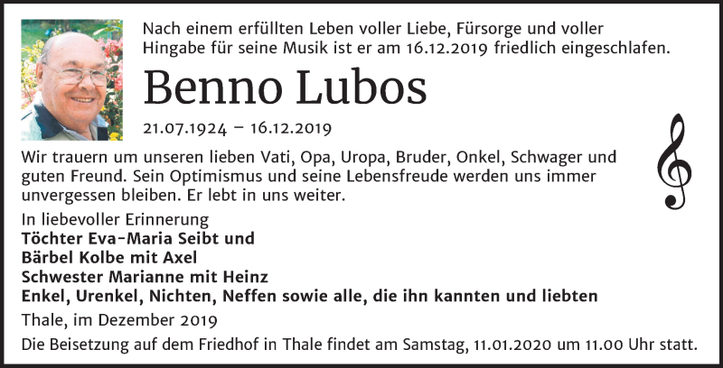  Traueranzeige für Benno Lubos vom 28.12.2019 aus Super Sonntag Quedlinburg
