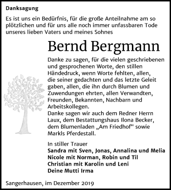 Traueranzeige von Bernd Bergmann von Super Sonntag Sangerhausen