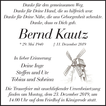 Traueranzeige von Bernd Kautz von Mitteldeutsche Zeitung Quedlinburg
