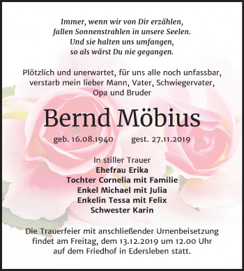 Traueranzeige von Bernd Möbius von Super Sonntag Sangerhausen