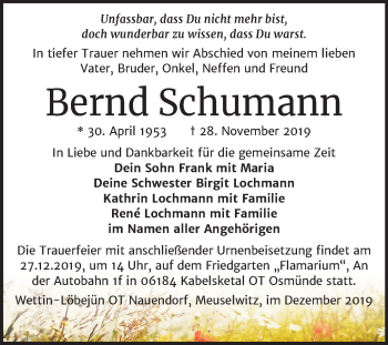 Traueranzeige von Bernd Schumann von Super Sonntag Zeitz