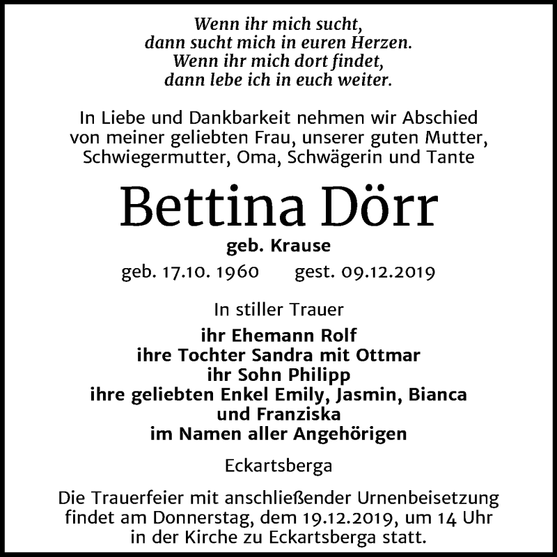  Traueranzeige für Bettina Dörr vom 14.12.2019 aus Mitteldeutsche Zeitung Naumburg/Nebra