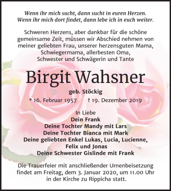 Traueranzeige von Birgit Wahsner von Mitteldeutsche Zeitung Zeitz