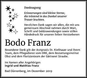 Traueranzeige von Bodo Franz von Super Sonntag Merseburg/Querfurt