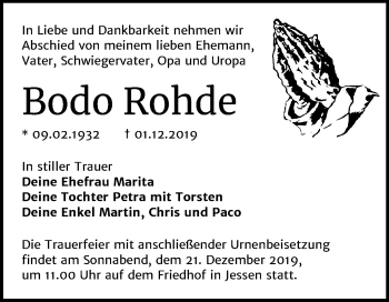 Traueranzeige von Bodo Rohde von Super Sonntag Wittenberg
