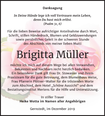 Traueranzeige von Brigitta Müller von Mitteldeutsche Zeitung Naumburg/Nebra