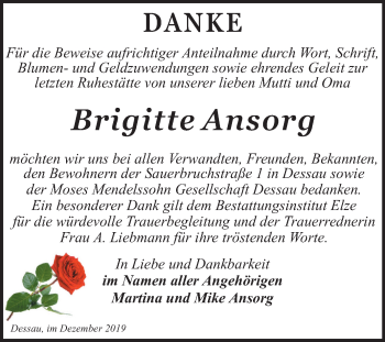 Traueranzeige von Brigitte Ansorg von Super Sonntag Dessau-Roßlau