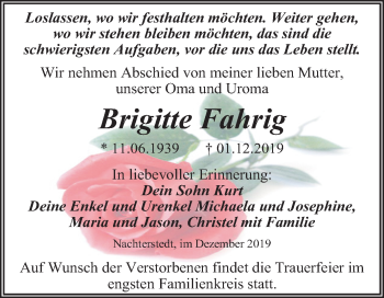 Traueranzeige von Brigitte Fahrig von Mitteldeutsche Zeitung Aschersleben