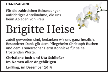 Traueranzeige von Brigitte Heise von Mitteldeutsche Zeitung Weißenfels