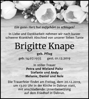 Traueranzeige von Brigitte Knape von Super Sonntag Wittenberg